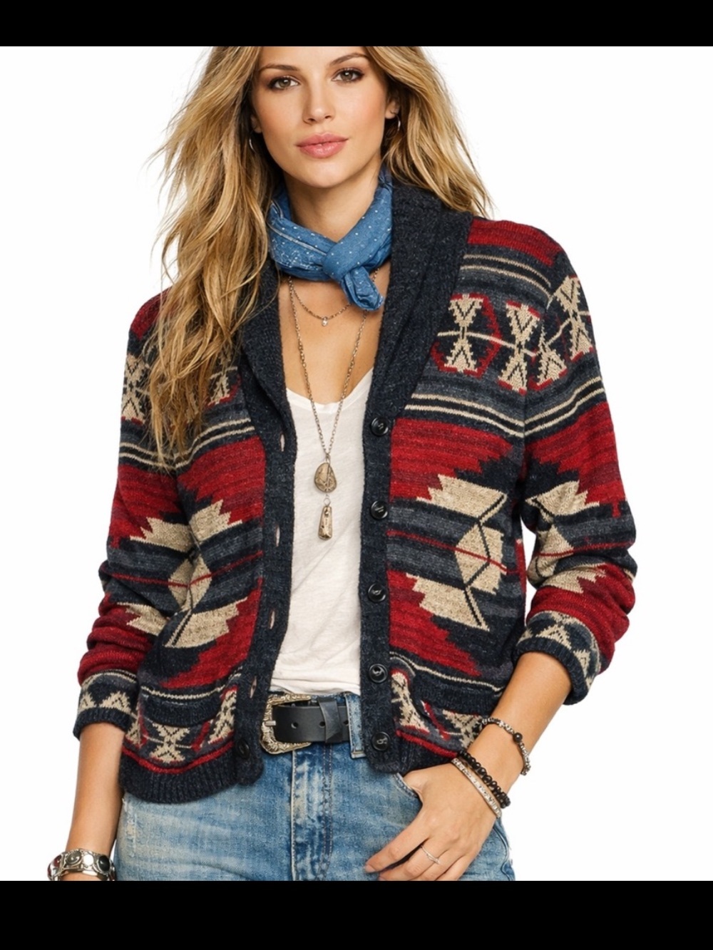 Denim & Supply Ralph Lauren Red, Navy & Cream Aztec Cardigan Sweater